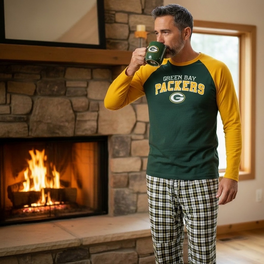 NFL Team Apparel Green Bay Packers Pajama Set Mens 2XL Plaid Pants Raglan Shirt